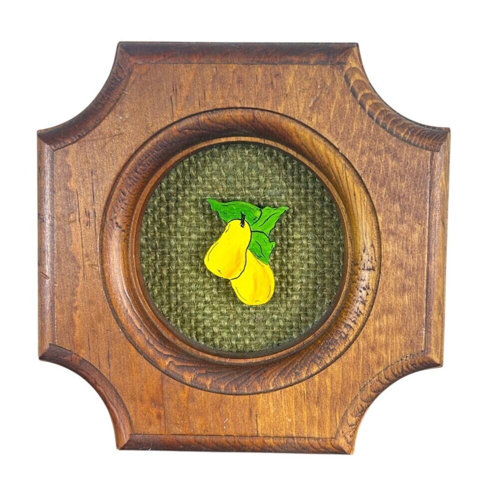 Mini Wall Art Hanging- yellow pears- 5x5" brown wood frame- green background